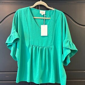 Andree Teal Blouse with Ruffle Sleeves